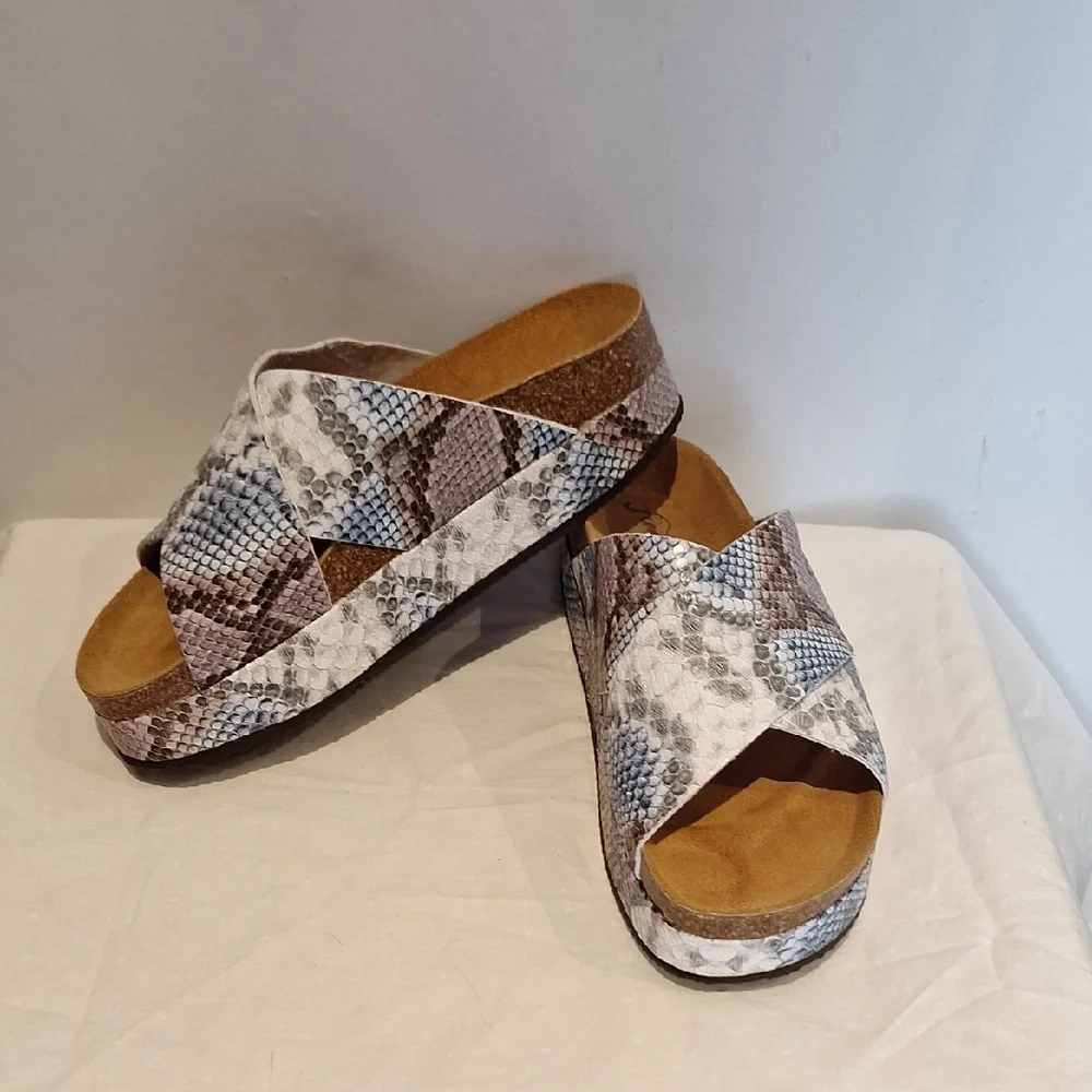 Free People Sideline Snake-Print Crossband Slide Sandals in Neutral Tones
